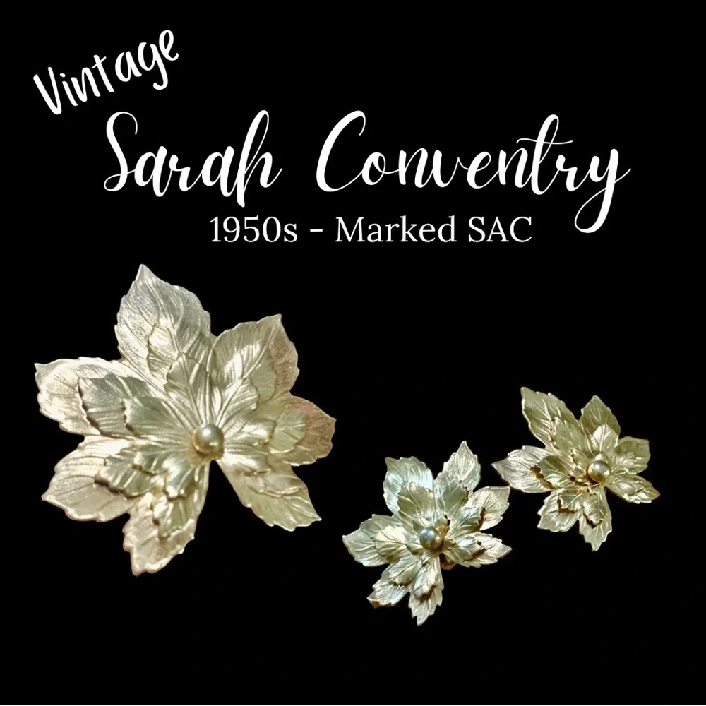 1956 “Golden Maple” Signed SAC Gold Tone Layered Brooch & Clip On Earring Set - Picture 3 of 11